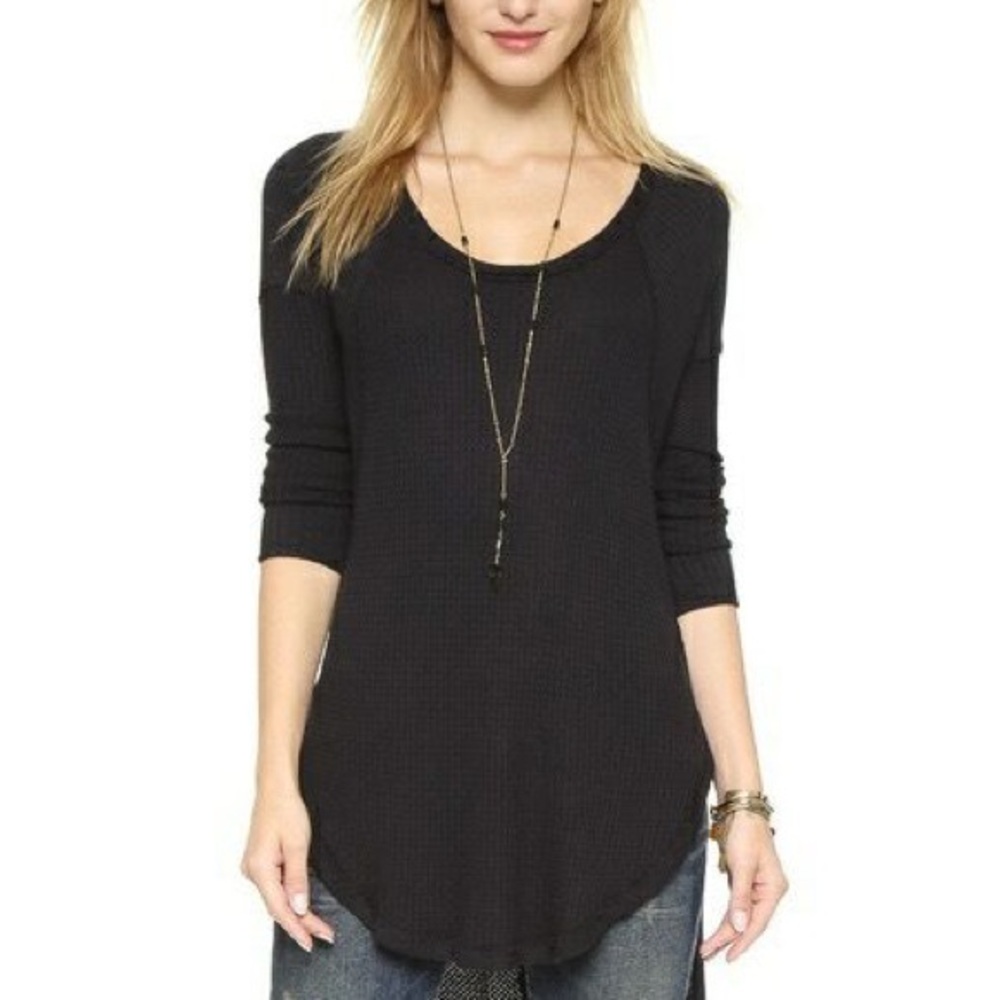 WE THE FREE VENTURA THERMAL WAFFLE KNIT TOP BLACK SZ L NWT